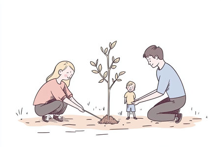 A heartwarming illustration of a family planting a tree for Earth Day, showcasing connection, love for nature, and the joy of nurturing the environment together.の写真素材