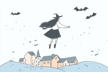 A whimsical illustration of a witch flying over a spooky town, surrounded by bats. The enchanting scene captures the spirit of Halloween and fantasy, perfect for seasonal projects.の写真素材