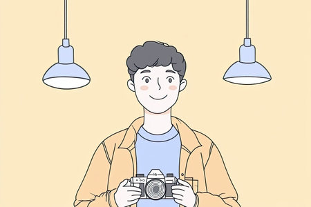 A cheerful photographer stands in a studio holding a camera, surrounded by studio lights. This illustration captures the essence of creativity and passion for photography.の写真素材