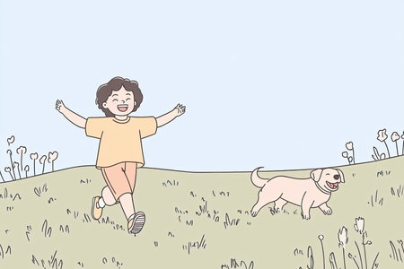 A joyful child laughing and running freely with a playful dog in a serene grassy field, capturing the essence of carefree moments and bond between pets and children.の写真素材
