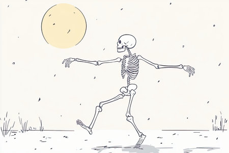 A whimsical hand-drawn skeleton dances under the moonlight, creating a playful and engaging atmosphere. Perfect for Halloween or creative projects.の写真素材