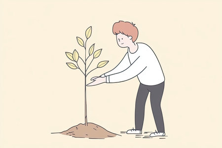 A cheerful businessperson engages in planting a small tree, symbolizing growth and environmental care. This illustration highlights the importance of nurturing nature for a sustainable future.の写真素材