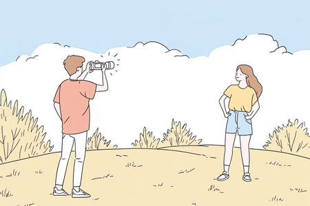 A photographer captures stunning images of models in a serene outdoor environment, showcasing their vibrant personalities against a beautiful natural backdrop.の写真素材