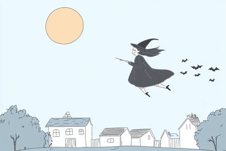 A whimsical illustration of a spooky witch flying over a charming town, surrounded by bats and set against a serene sky, perfect for Halloween themes.の写真素材