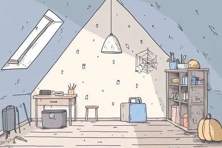 Explore a mysterious attic filled with cobwebs and curious objects. This illustration captures an eerie yet intriguing atmosphere, inviting imagination.の写真素材