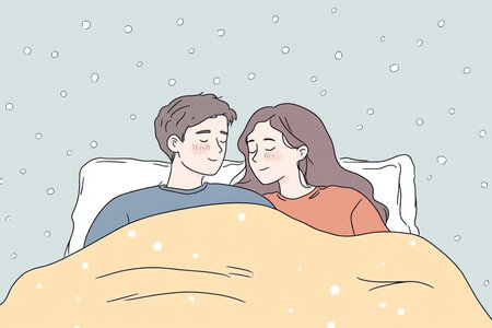 A cozy couple snuggles under a warm blanket, enjoying a peaceful moment together while watching the snow fall outside, embracing love and comfort.の写真素材