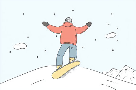 A vibrant illustration of a snowboarder jumping in the mountains, arms raised in joy, surrounded by a snowy landscape, showcasing winter fun and excitement.の写真素材