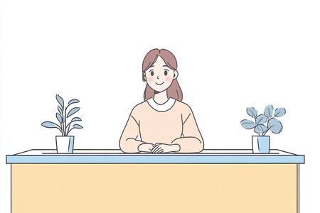 A cheerful receptionist sits at a hotel front desk, ready to assist guests. The welcoming environment features plants, embodying a friendly and professional atmosphere.の写真素材