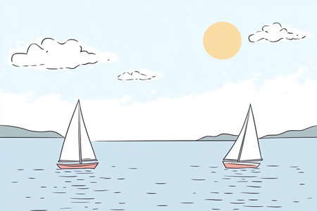 Enjoy a tranquil sunny day as sailboats glide gracefully across calm waters. The serene landscape features a bright sky and soft clouds, perfect for relaxation.の写真素材