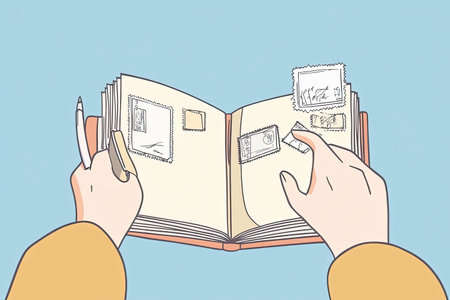 A person organizes and collects stamps in a well-kept album. This colorful hobby highlights the joy of preserving memories and collecting unique items.の写真素材