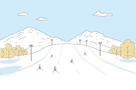 A serene snowy mountain landscape featuring skiers navigating the slopes. The scene showcases winter sports amid trees and soft clouds, perfect for outdoor adventures.の写真素材