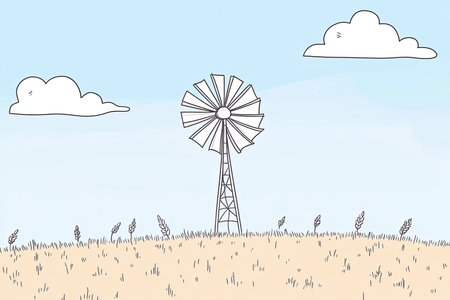 A simple illustration of a spinning windmill above a golden wheat field under a blue sky with fluffy...