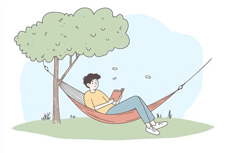 A young person enjoys a peaceful moment reading a book while relaxing in a hammock under the shade of a tree. Perfect for conveying leisure and tranquility.の写真素材