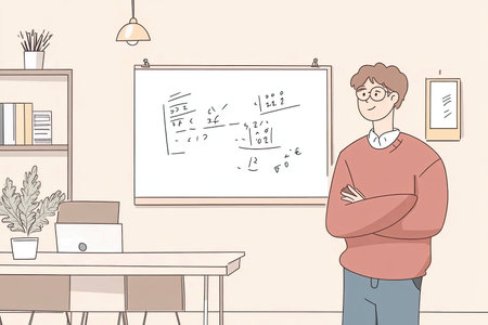 A mathematician is illustrated writing equations on a whiteboard in a university setting, showcasing...