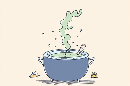 A whimsical illustration of a bubbling cauldron emitting green smoke, perfect for fantasy or...