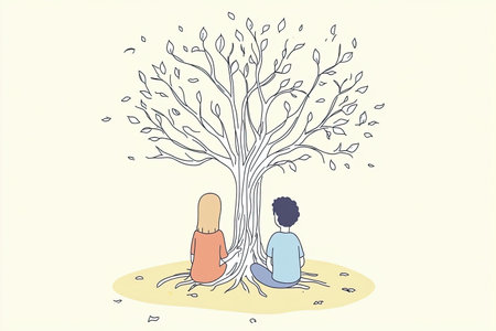 Two figures sit beneath a glowing tree of life, symbolizing connection and tranquility. This artwork evokes themes of friendship, nature, and serenity.の写真素材