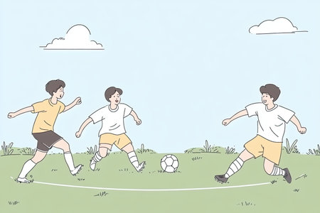 Young players compete in an exciting soccer match on a sunny, grassy field, showcasing their skills and teamwork while enjoying outdoor sports activity.の写真素材