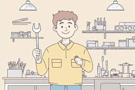 A cheerful mechanic holds a wrench in a car repair workshop. This illustration captures the essence of automotive service and craftsmanship in a friendly environment.の写真素材