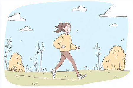 A joyful person jogs along a scenic trail, radiating happiness and enjoying the beauty of nature. A perfect representation of a healthy lifestyle and outdoor activity.の写真素材