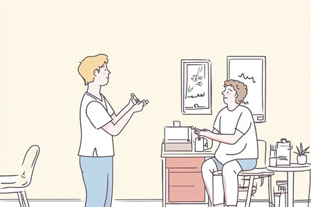 A nurse is demonstrating a medical procedure to a patient in a clinical setting. The scene captures a professional and supportive interaction focused on patient education and care.の写真素材