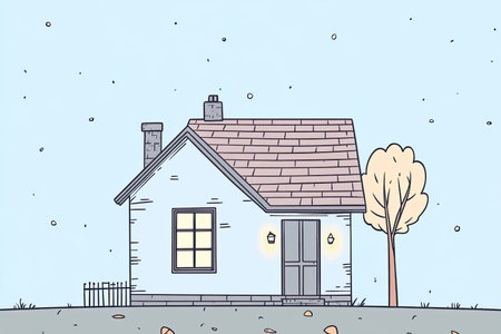A charming hand-drawn illustration of a haunted house with a single glowing window. This whimsical scene captures the spooky essence of a mysterious night landscape.の写真素材