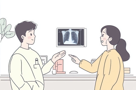 A medical professional engages with a patient, explaining an x-ray on a screen, highlighting the importance of communication in healthcare settings.の写真素材