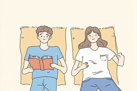 A cozy top view illustration of a couple lying on a rug, enjoying their time reading books together. This scene captures relaxation and connection in a comfortable indoor setting.の写真素材