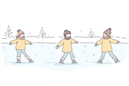 Delightful scene of children skating on a frozen pond in winter attire, enjoying the activity under a clear sky. Perfect for winter-themed projects.の写真素材