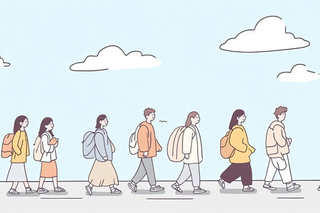 A diverse group of people walking together on a pilgrimage journey, surrounded by a clear sky and fluffy clouds, showcasing community and spirituality.の写真素材
