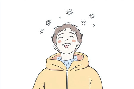 A cheerful child catches snowflakes on their tongue, embodying joy and innocence in a playful winter scene. The light and fun atmosphere captures happiness.の写真素材