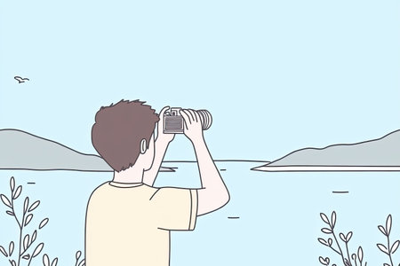 A photographer enjoying a tranquil moment while capturing the beauty of a landscape featuring distant mountains and a serene water view.の写真素材