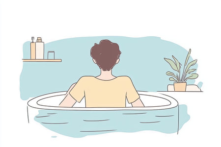 A person enjoys a tranquil bath in a soothing environment, surrounded by calming elements. This scene promotes relaxation and self-care in everyday life.の写真素材