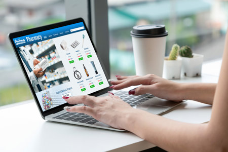 on pharmacy online store on computer screen for shopping for medical products drugs and medicine snuglyの写真素材