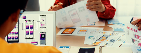 Panorama banner of startup UX developer or company employee design user interface or UI prototype...