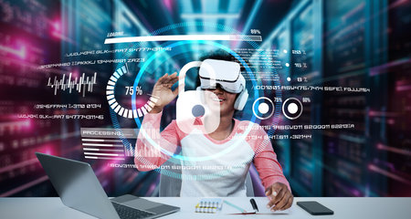 Student with casual cloth access with security system while using augmented reality glasses. African...