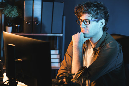 Young businessman concentrating on pc for creative startup project job at neon light modern office. Thinking marketing network online planning of creator to market channel design concept. Gusher.の写真素材