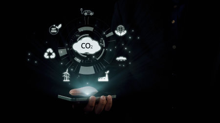Business person implements initiatives to reduce CO2 emissions, aiming for net zero. Showcases commitment to sustainability by reducing CO2 for a greener planet. UUIDの写真素材