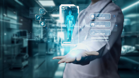 Close up of doctor holding HUD dashboard whole body hologram and diagnosis symptom from x ray human anatomy holographic. Skilled doctor checking physical examination at blurring background. Remedial.の写真素材