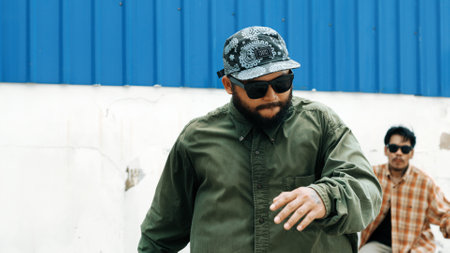 Closeup of hipster dancing b-boy foot step at street. Asian break dancer practice street dance while stretch arms. Hip hop choreographer perform energetic dance. Outdoor sport 2024. Hiphop.の写真素材