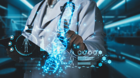 Close up of smart doctor holding tablet and pointing at DNA hologram while standing at hospital. Skilled medical worker checking and diagnosis genetic disorder by analyzing DNA replication. Remedial.の写真素材