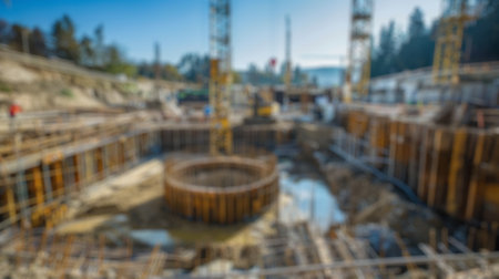 Blur background of new residential house under construction in a suburban area. Real estate development and home building concept. Design for real estate posters, banners. Construction site. Spate.の写真素材