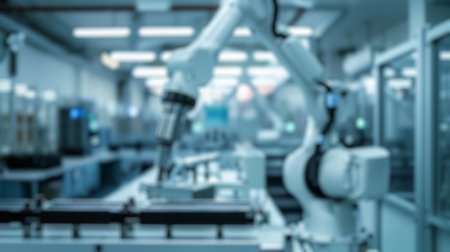 Blur background of smart machine arm working by using technology. Robotic machines planning and...