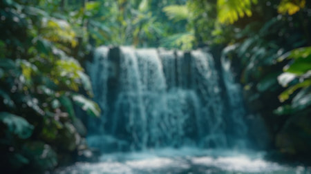 Blur background of waterfall cascading into a forest pond. Beautiful waterfall surrounded with natural forest and sun ray. Nature photography. Natural tranquility concept. Design for poster. Spate.の写真素材