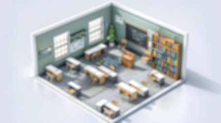 Blur background of isometric view of a cute classroom with desks, chairs, blackboard, bookshelves,...