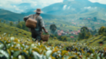 Blur background of tea picker overlooking a misty tea plantation landscape at sunrise. Lifestyle and rural landscape photography. Sustainable farming and travel concept. Design for poster. Spate.の写真素材
