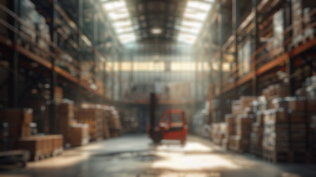 Blur background of industrial worker working and driving forklift at warehouse. Skilled warehouse worker preparing for carrying the product at modern warehouse. Logistic production concept. Spate.の写真素材