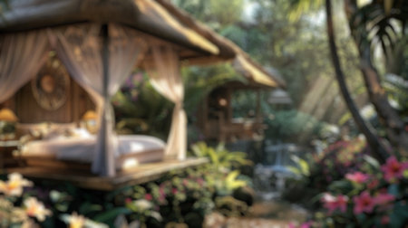 Blur background of luxurious tropical cabin with outdoor bed by the water flowing at river. Realistic digital artwork. Exotic relaxation and travel concept. Design for advertising, poster. Spate.の写真素材