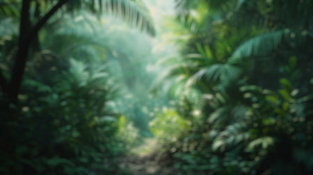 Blur background of white sunlight filtering through the mist and foliage of a dense green tropical...