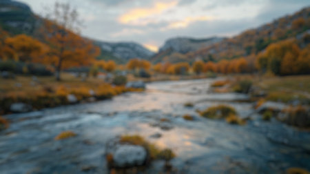 Blur background of peaceful mountain meadow panorama with cloudy skies. High-resolution landscape photography. Springtime and natural beauty concept. Design for environmental campaigns. Spate.の写真素材