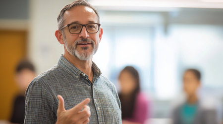 A seasoned male teacher stands confidently in a vibrant classroom, engaging his audience with insights and expertise, showcasing a passion for education and mentorship.の写真素材